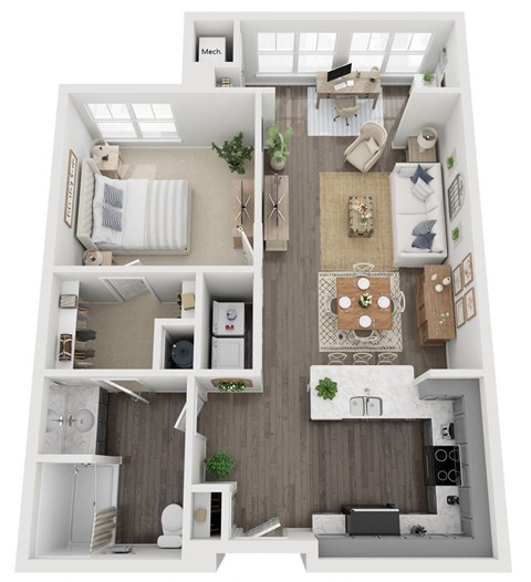 Floor plan for 1 bed, 1 bath, 891 sqft
